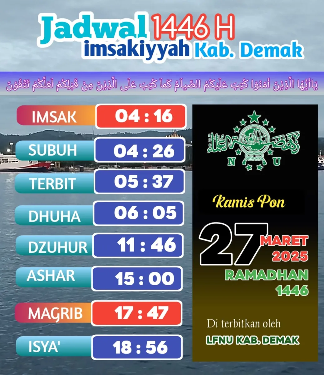 Jadwal Imsakiyah 27 Ramadlan Menurut Lembaga Falakiyah PCNU Demak, Berikut Rinciannya